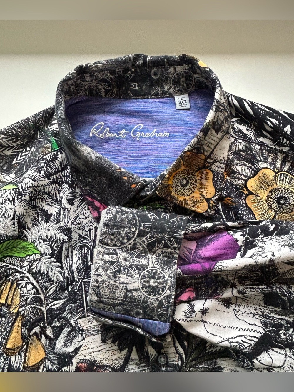 Robert Graham Jungle Shirt Mens 3XL Colorful Emboidered Floral Flip Cuffs